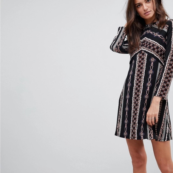 Free People Stella Graphic Long Sleeve Mini Dress M Zip Back Geometric MockNeck - Picture 4 of 15
